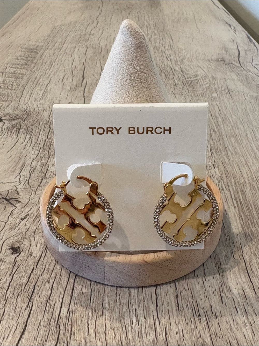 Tory Burch Gold Logo Crystal-Trim Round Drop Earrings